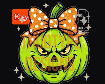 Green Pumpkin PNG, Grumpy Halloween Pumpkin Bow Design, Sublimation Clipart Digital Download, 300 DPI
