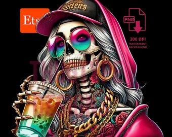 Squelette de femme tendance PNG pour les amateurs de café glacé | Sublimation de crâne de maman à la mode