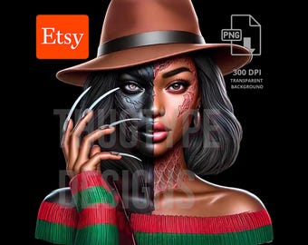 May include: Digital art of a woman with a split face, one side black and the other realistic. She wears a brown fedora and a red, green, and black striped sweater. Long, sharp claws extend from her fingers. The Etsy logo is in the upper left.