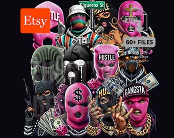 Mega paquete de sublimación de máscaras de esquí estilo gánster (más de 60 PNG) / Diseños urbanos llamativos para camisetas y sudaderas (descarga digital)