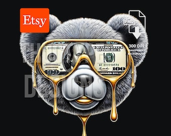 Money Talk Hip Hop Orsacchiotto dorato gocciolante Graffiti Cartoon - Download digitale PNG, Download digitale PNG, Design di magliette a tema gangster