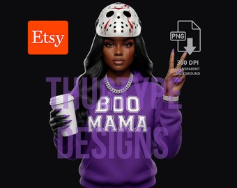 Boo Mama PNG, Purple Hoodie Hockey Mask Gangsta Coffee Mom Design, Sublimation Clipart Digital Download, 300 DPI