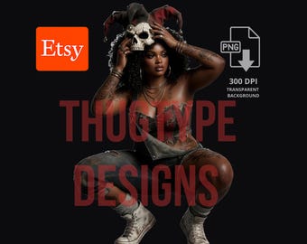 Jester Skull Mask Halloween Woman PNG, Crouching Gangsta Horror Streetwear Design, Sublimation Shirt Digital Download, 300 DPI