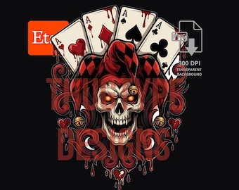 Jester Skull Aces PNG, Evil Joker Skull Playing Cards Tattoo Design, Sublimation Clipart Digital Download, 300 DPI