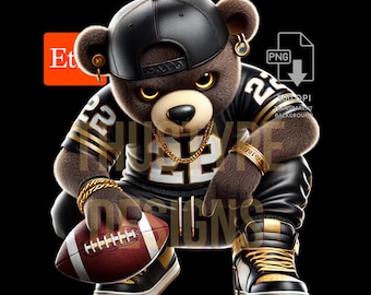 Teddy Bear png, Bear Cartoon Digital Download PNG Football Bear Black Jersey Football Inspired png digital download