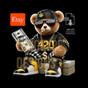 Money Talk Hip Hop Teddy Bear Graffiti Cartoon - Digital Download PNG, Digital Download PNG, Gangsta Themed T-Shirts & Hoodies Design