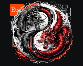 Yin-Yang Dragons T-shirt Design, Japanese Design, T-Shirt POD Design, Sublimation, PNG, Digital Download, Commercial Use