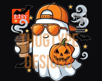 Cool Ghost PNG, Halloween Ghost Coffee Pumpkin Design, Sublimation Clipart Digital Download, 300 DPI
