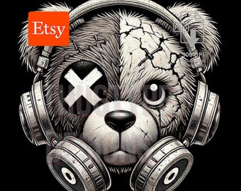Tattered Teddy Bear Head With Headphones PNG, Sublimation Design Png for Tshirt Sublimation Designs for Urban Design and Streetwear
