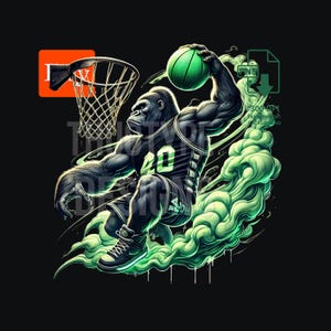 以下が含まれることがあります： 緑色のバスケットボールをダンクするゴリラのデジタルイラスト。ゴリラは背番号40の白と黒のジャージを着ています。緑色の煙がゴリラの周りを渦巻いています。バスケットボールのゴールとテキストが背景にあります。