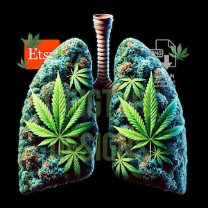 Puede incluir: Ilustración artística de pulmones con temática de cannabis. Los pulmones están representados en tonos azules y verdes, con hojas y cogollos de cannabis integrados. La imagen incluye el texto "Etsy" y "PNG".