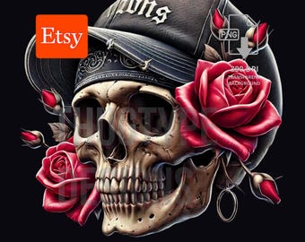 Digital Gangsta Skull with Roses Clipart Gothic Floral PNG Sublimation Tattoo Style Transparent Graphics Unique Printable Art DIY Projects