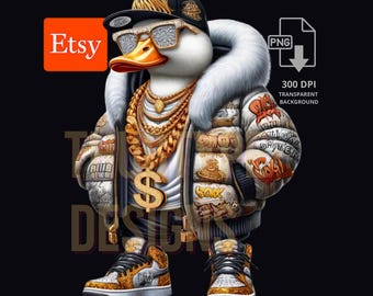 Gangsta Duck PNG | Money Themed Black and Gold Graphic T-Shirt digital design, Graffiti Urban, Cartoon DuckSublimation Vector Cricut DTG png