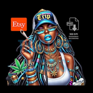 May include: Digital art of a woman with blue lips, nails, and hair, wearing a blue cap with the word "Trip". She is adorned with gold jewelry and sunglasses, holding a lit joint. A cannabis leaf and a small jar are also visible.