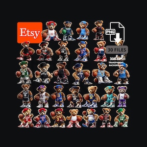 Paquete de 30 osos de peluche PNG, PNG de baloncesto, descarga digital, PNG de baloncesto, oso de peluche de baloncesto, ideal para camisetas y sudaderas