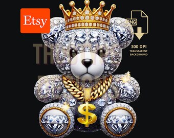 Königlicher Gangsta-Teddybär, Diamantkönig-Hip-Hop-Teddybär, trendiger Graffiti-Teddybär-Rapper, digitale Download-Datei, Sublimations-T-Shirt PNG