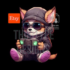 May include: A digital illustration of a cartoon fox wearing a hoodie, sunglasses, and headphones, holding a game controller. The fox is sitting down with pink and white trainers. The Etsy logo is in the top left corner.