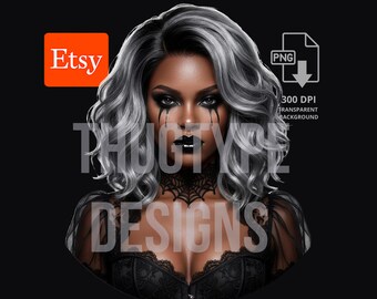 Gothic Glam Halloween Woman PNG, Black Silver Drip Makeup Goth Design, Sublimation Shirt Digital Download, Spooky Season, 300 DPI