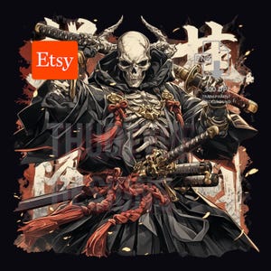 Japanese Yokai Themed  Design, Skull Samurai T-shirt Design, T-Shirt POD Design, Sublimation, PNG, Digital Download Black & White