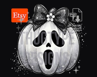 Ghost Pumpkin PNG, Spooky Screaming Face Pumpkin Bow Design, Sublimation Clipart Digital Download, 300 DPI