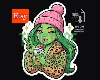 Green Baddie Girl PNG, Sassy Green Girl Coffee Beanie Design, Sublimation Clipart Digital Download, 300 DPI