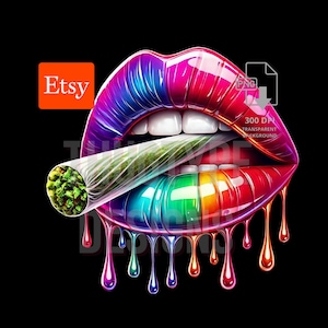 May include: A digital illustration of glossy, rainbow-colored lips with a lit joint. The lips have a dripping effect with colorful droplets. The Etsy logo is in the upper left corner. The background is black.