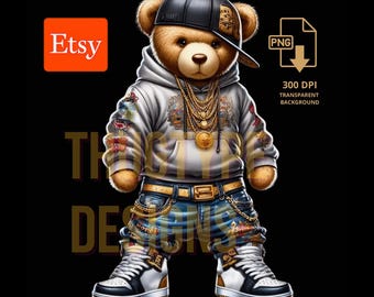 Hip-Hop Teddy Bear Graffiti Cartoon, Digital Download PNG, Colourful Theme Gangsta Themed T-Shirts & Hoodies Design