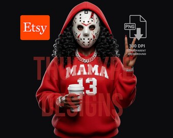 Halloween Mama PNG, Red Hoodie Hockey Mask Gangsta Coffee Mom Design, Sublimation Clipart Digital Download, 300 DPI