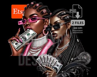Fashion Hustler Black Girl clipartbundel 2 png's, zwart meisje met geld png, stedelijke zwarte meid, zwarte meid magie, drukte vrouw gangster png
