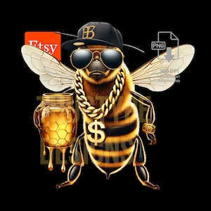 Könnte beinhalten: Digitale Illustration einer Biene mit schwarzer Kappe, Sonnenbrille und einer goldenen Kette mit Dollarzeichen-Anhänger. Die Biene hält ein Glas Honig. Das Bild hat einen schwarzen Hintergrund.