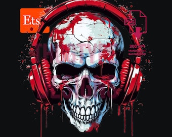 May include: A red and white skull with red headphones, dripping with red paint, on a black background. The skull is wearing headphones and has a menacing expression.