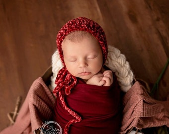 Hand Knit Velvet Newborn Bonnet – Baby Photo Prop -  Bonnet -