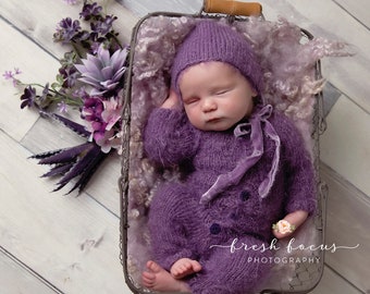 Newborn long leg Sleeper - Newborn Bonnet - Newborn knit bow - Newborn photo prop