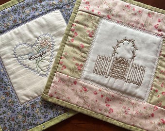 Hand embroidered candle mat, primitive , embroidery, placemat, floral embroidery