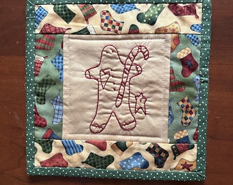 Hand embroidered candle mat, primitive , embroidery, placemat, snowman, Christmas decor, holiday