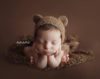 Hand Knitted Newborn Bear Bonnet – Photo Prop