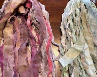 Bundles of silk sari and chiffon ribbons for junk journals, bows, trims, scrapbooking,headbands, flower making