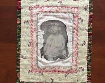 Vintage Child Photo Wall Hanging, Hand Embroidered Floral Muslin Art