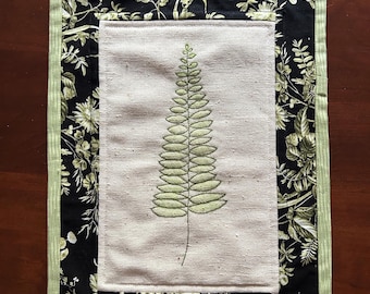 Vintage Wall Hanging, Hand Embroidered, Fern green embroidery, candle mat, placemat