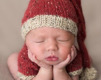 Newborn Holiday Onesie and long tail sleep cap, newborn onesie, newborn sleep cap, holiday set, photo prop
