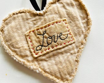 Primitive Fabric Heart and Bunny Set, Distressed Antiqued Decor