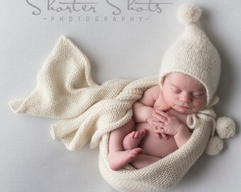 Hand Knitted Alpaca Newborn Pixie Hat - Pom Pom Bonnet, Photo Prop