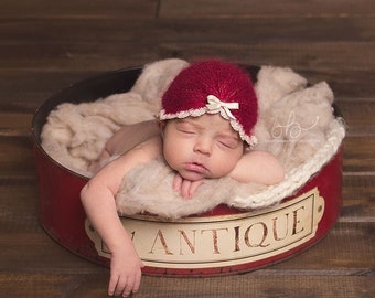 Newborn Mohair turban -Holiday  Hat -  Newborn Turban - Newborn Knitted Mohair bonnet - Newborn Photography Props- Baby Knit Mohair Hat