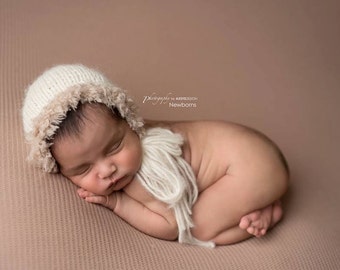 Fur Trimmed Newborn Bonnet, Hand Knitted Photo Prop, Eskimo style bonnet