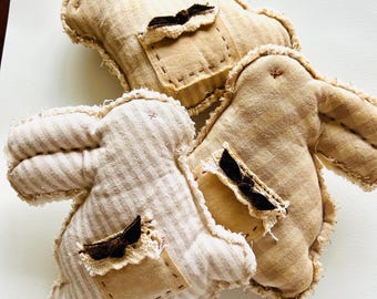 Primitive Fabric Bunny, Antiqued Distressed Stuffed Animal Decor