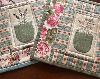Hand embroidered candle mat, primitive , embroidery, placemat, floral embroidery