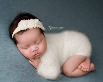 Hand Beaded Silk Chiffon Newborn Tieback - Lace & Pearl Photo Prop