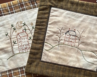 Hand Embroidered Primitive Wall Hanging, Antiqued Plaid Farmhouse Decor