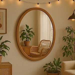 REAL  Handmade Wood ellipse Mirror - Walnut Round Oval Wall Decorative Mirror - Mid-century Farmhouse Round Bedroom Unique Home Mirror
