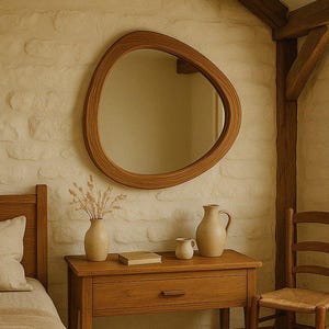 REAL Wood Mirror - Mid Century Walnut Wooden Mirror - Entryway Wood Frame Asymmeyrical Aesthetic Mirror - Irregular Decorative Wall Mirror